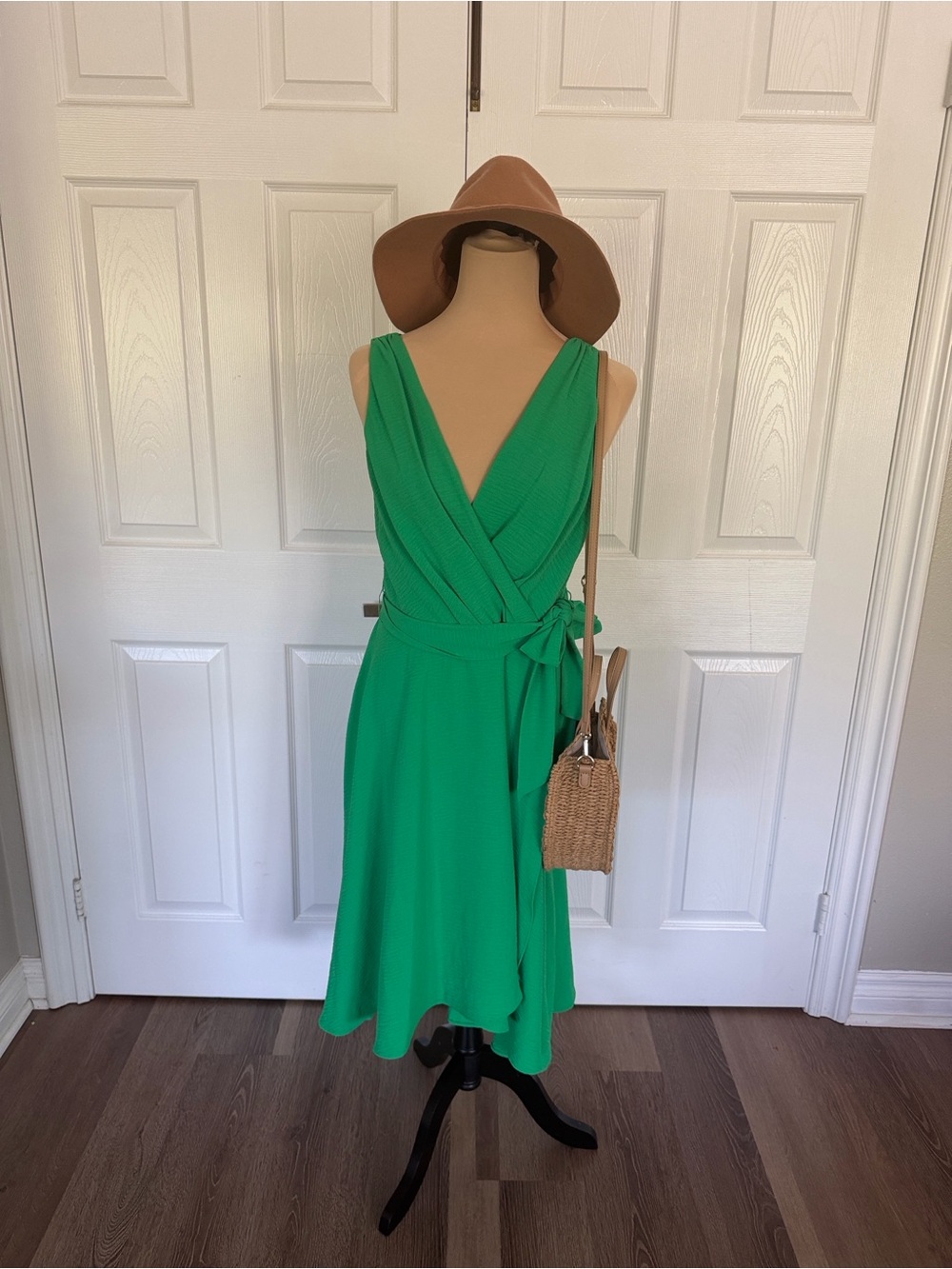 Green Wrap Midi Dress with Tie Waist